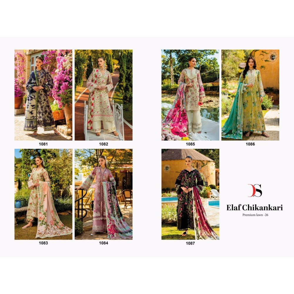 ELAF CHIKANKARI PREMIUM LAWN 25 DEEPSY SUITS (Chiffon Dupatta)