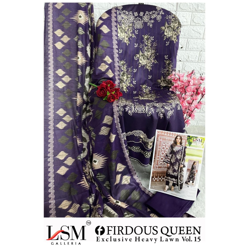 FIRDOUS QUEEN EXCLUSIVE HEAVY LAWN VOL 15 LSM (Cotton Dupatta)