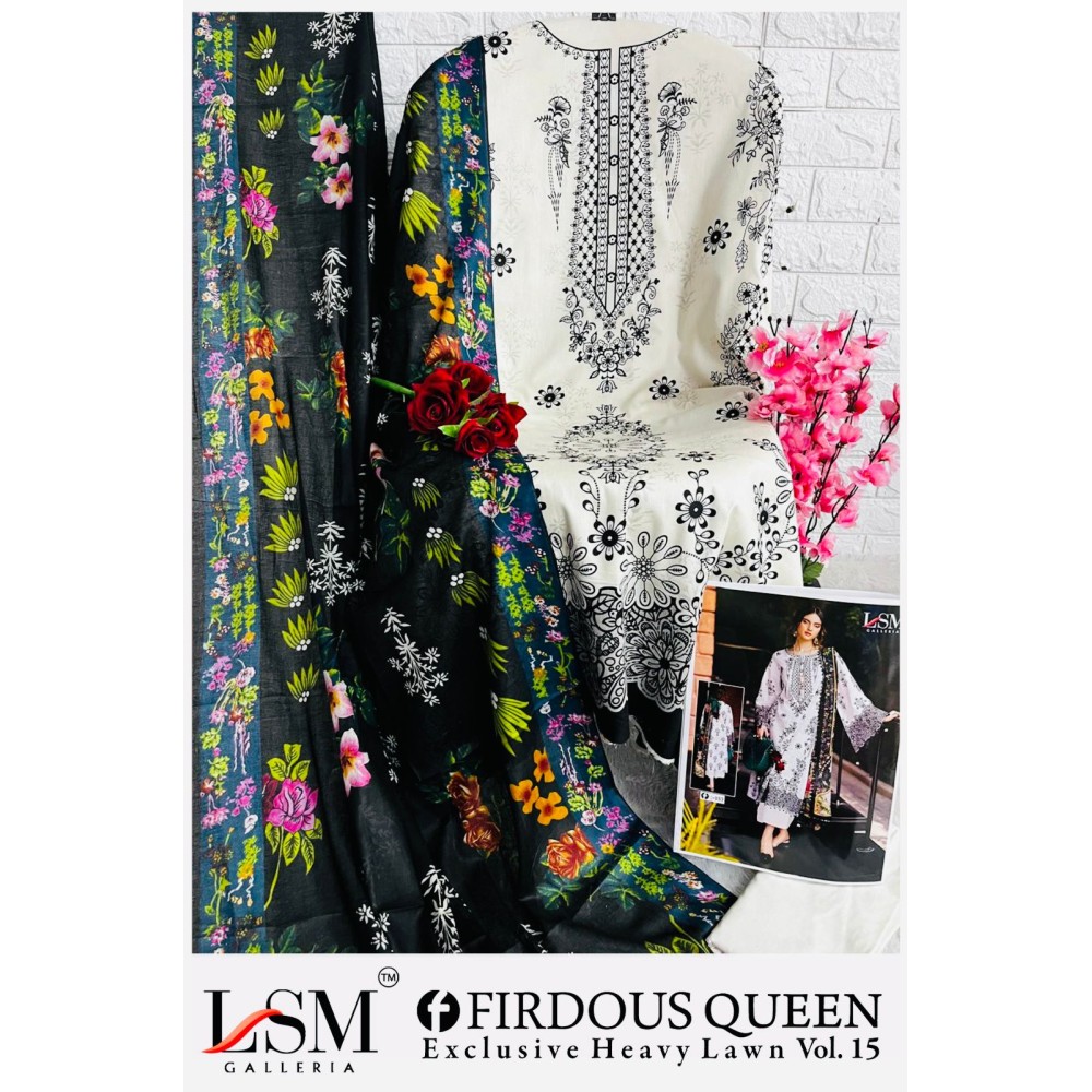 FIRDOUS QUEEN EXCLUSIVE HEAVY LAWN VOL 15 LSM (Cotton Dupatta)