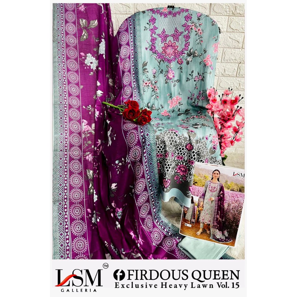 FIRDOUS QUEEN EXCLUSIVE HEAVY LAWN VOL 15 LSM (Cotton Dupatta)