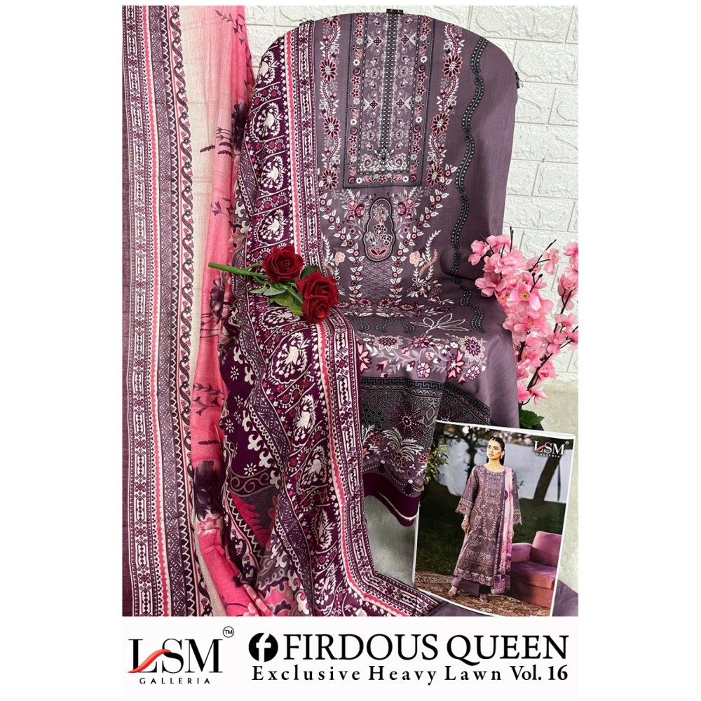 FIRDOUS QUEEN EXCLUSIVE HEAVY LAWN VOL 16 LSM (Cotton Dupatta)