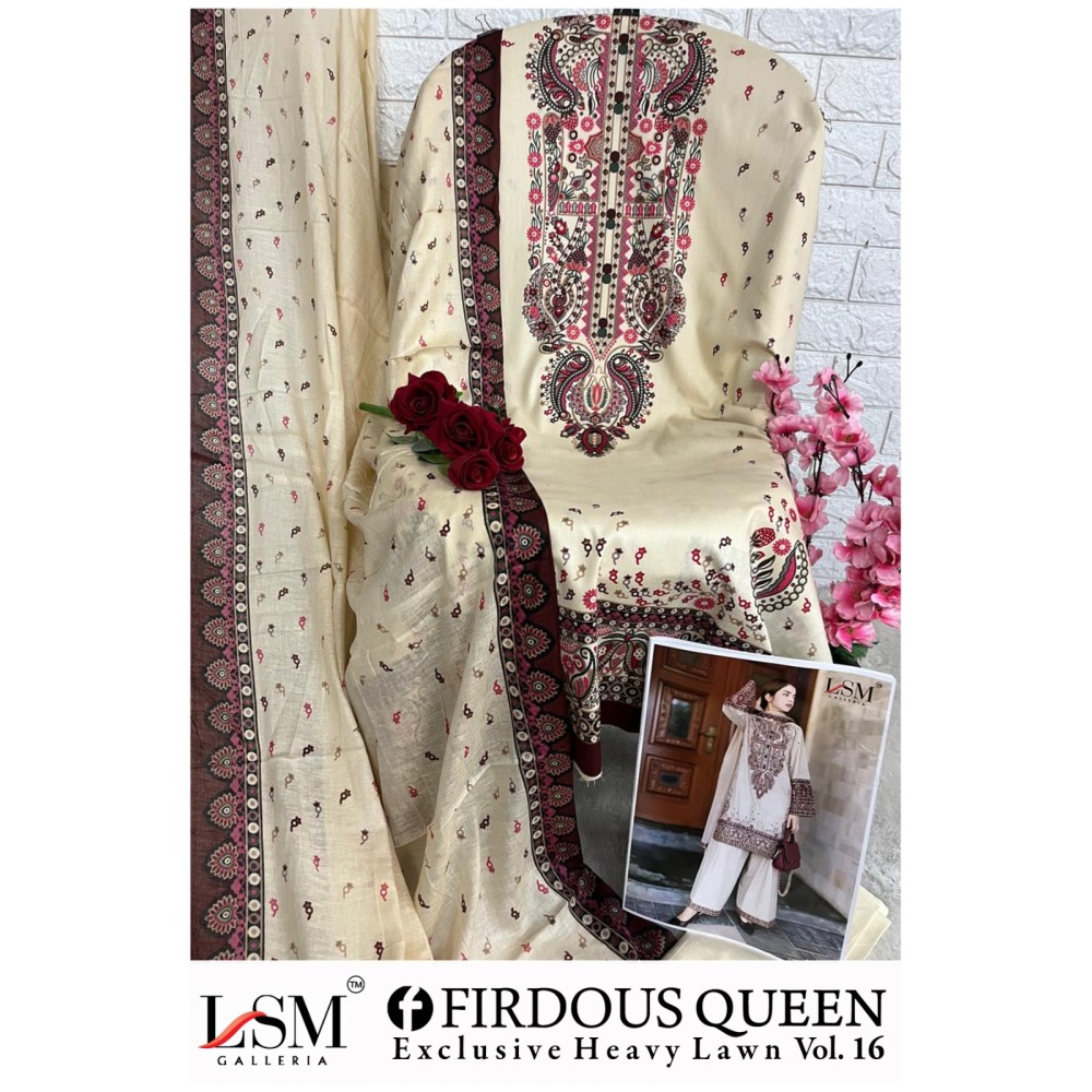 FIRDOUS QUEEN EXCLUSIVE HEAVY LAWN VOL 16 LSM (Cotton Dupatta)