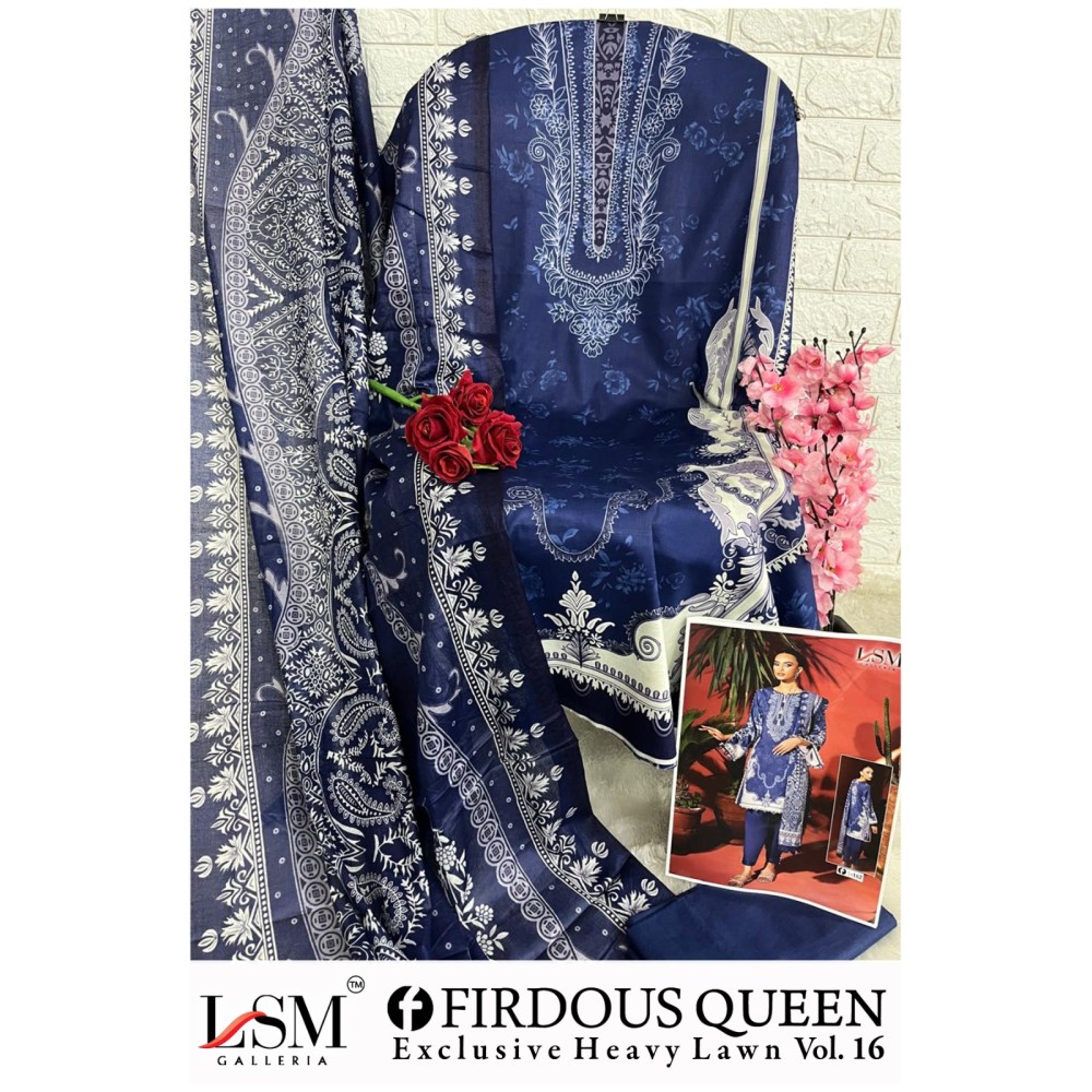 FIRDOUS QUEEN EXCLUSIVE HEAVY LAWN VOL 16 LSM (Cotton Dupatta)