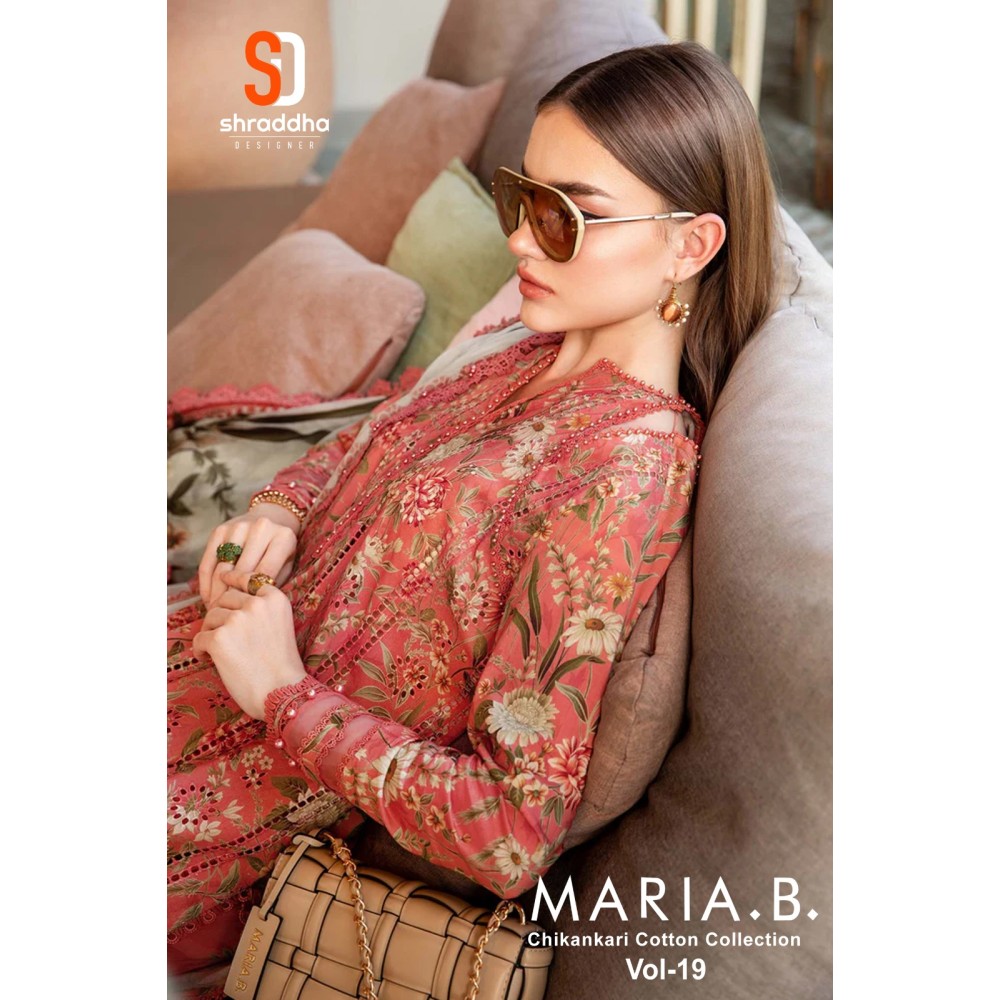 MARIA.B VOL 19 CHIKANKARI COTTON SHRADDHA (Chiffon Dupatta)