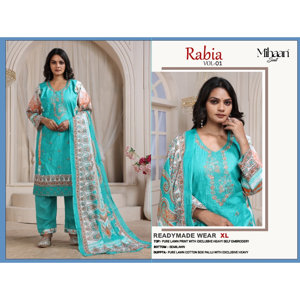RABIA VOL 1 MIHAAN SUIT  (Cotton Dupatta)